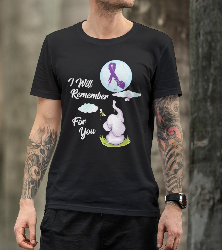 I Will Remember For You Alzheimer's Awareness Elephant Holding Balloon With Purple Ribbon And Hearts T-Shirt