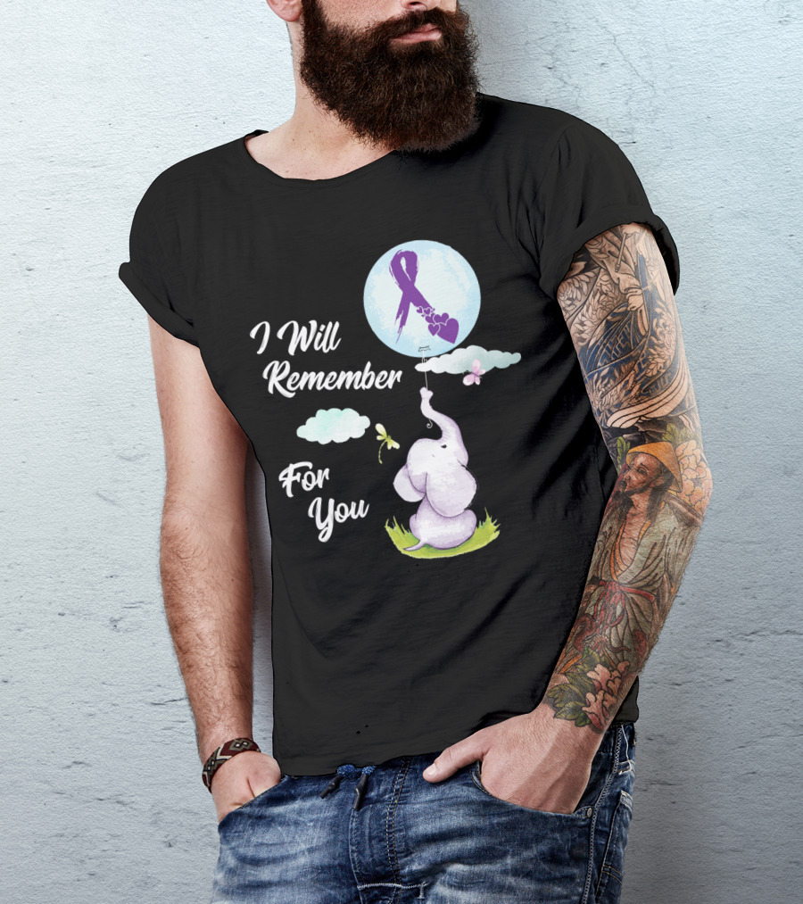 I Will Remember For You Alzheimer's Awareness Elephant Holding Balloon With Purple Ribbon And Hearts T-Shirt