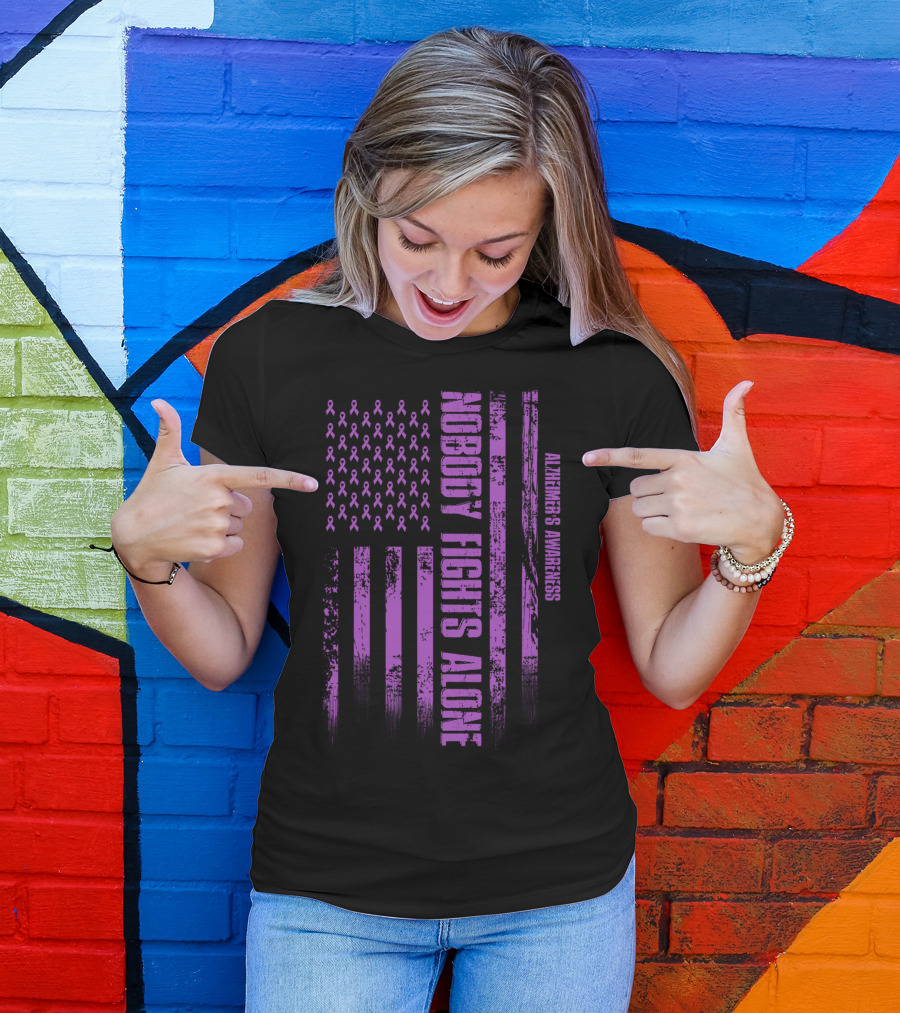 Nobody Fights Alone USA Flag Alzheimer's Awareness T-Shirt