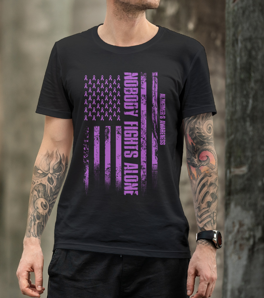 Nobody Fights Alone USA Flag Alzheimer's Awareness T-Shirt
