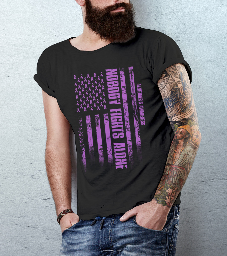 Nobody Fights Alone USA Flag Alzheimer's Awareness T-Shirt