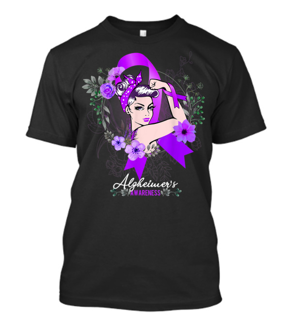 Alzheimer's Awareness Purple Ribbon Floral Rosie The Riveter T-Shirt