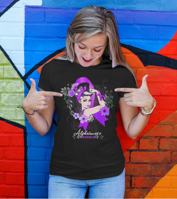 Alzheimer's Awareness Purple Ribbon Floral Rosie The Riveter T-Shirt