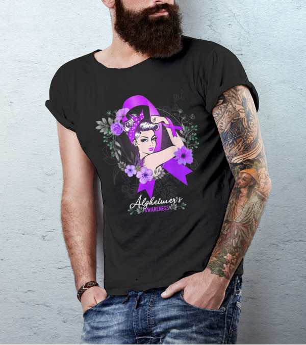 Alzheimer's Awareness Purple Ribbon Floral Rosie The Riveter T-Shirt