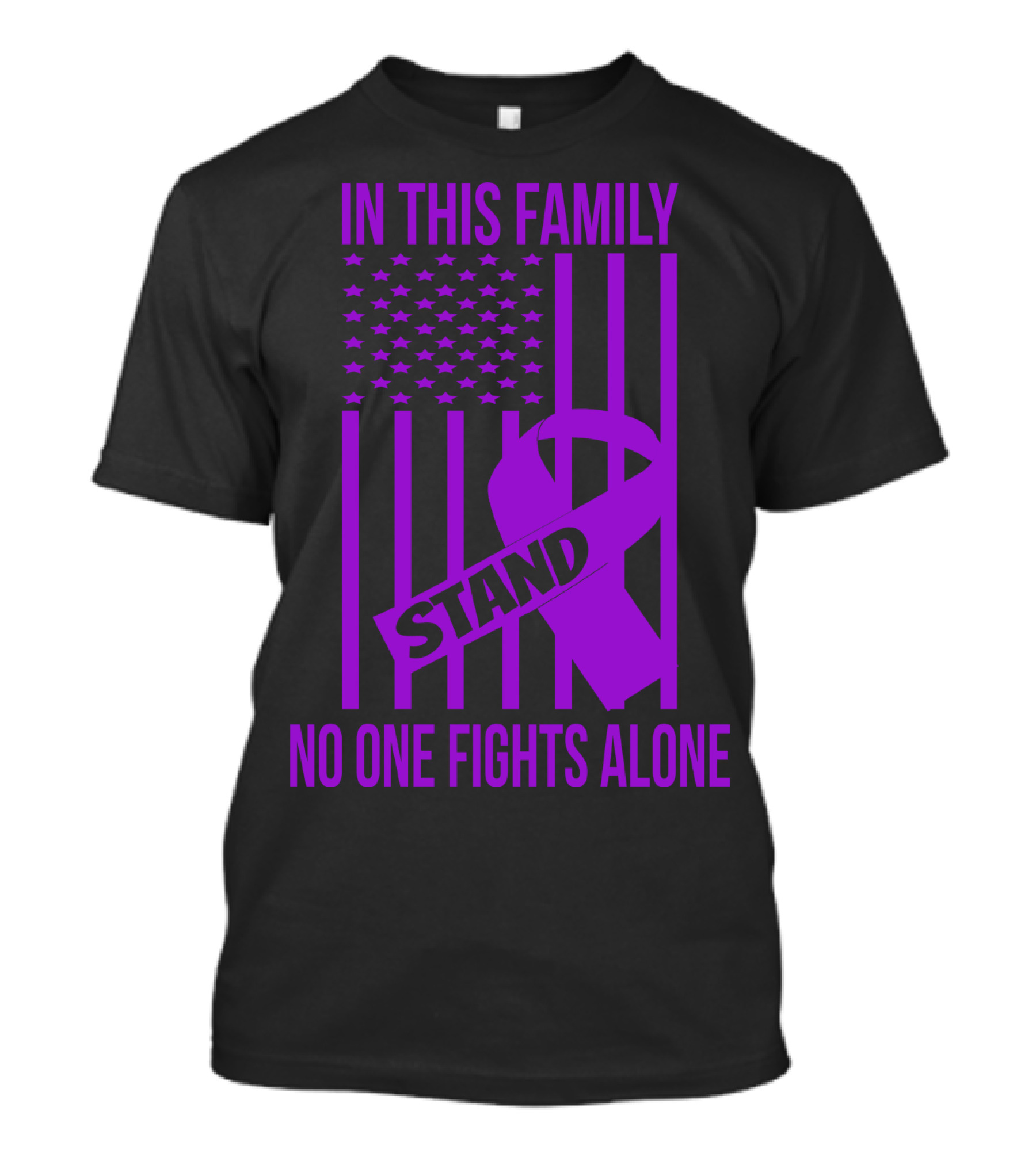 In This Family No One Fights Alone USA Flag Stand Purple Ribbon Alzheimer Awareness T-Shirt