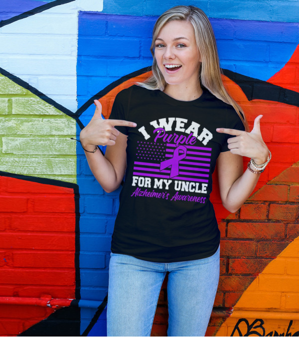 I Wear Purple For My Uncle Alzheimer's Awareness Ribbon Flag T-Shirt