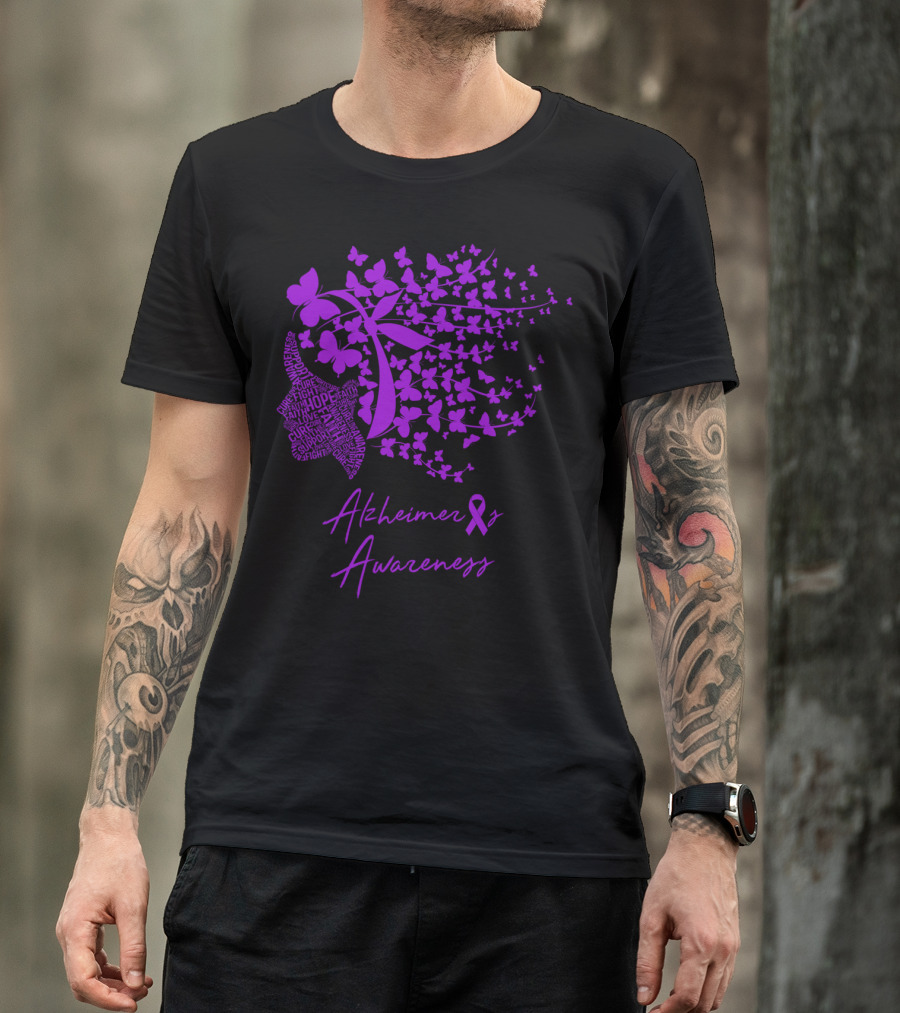 Alzheimer's Awareness Hope Strength Support Courage Memories Ribbon Butterflies T-Shirt