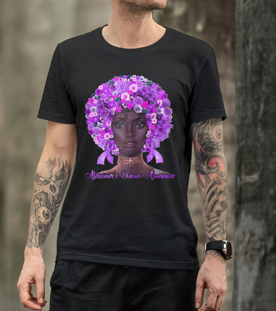 Alzheimer's Disease Awareness Flowers Afro Hair Black T-Shirt