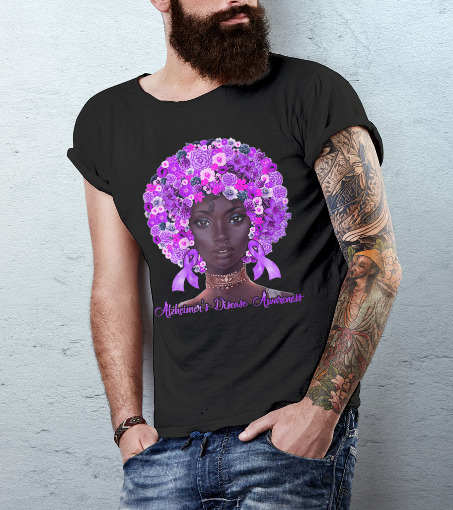 Alzheimer's Disease Awareness Flowers Afro Hair Black T-Shirt