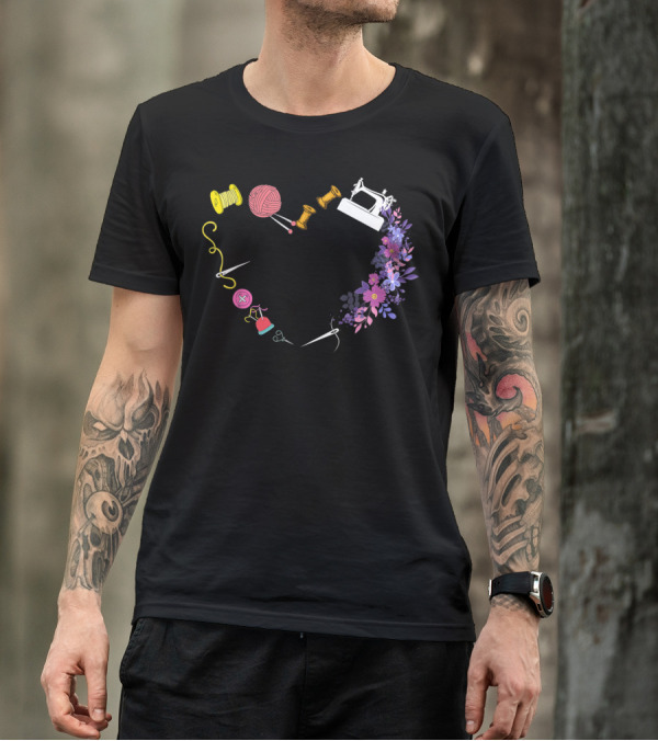 Love Heart Sewing Machine Quilting Flower Funny T-Shirt