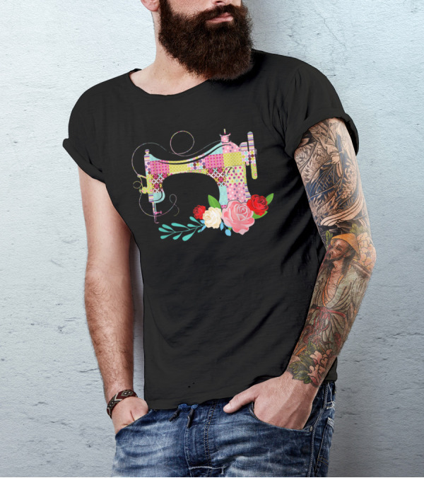 Colorful Quilting Sewing Machine With Floral Design For Funny Quilting Sewing Lover Flower Girl T-Shirt