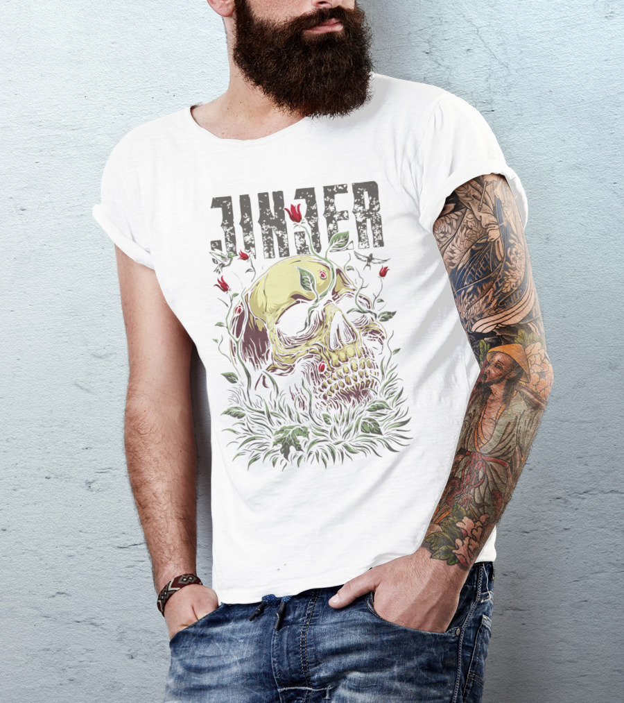 Jinjer Skull With Red Flowers And Leaves T-Shirt