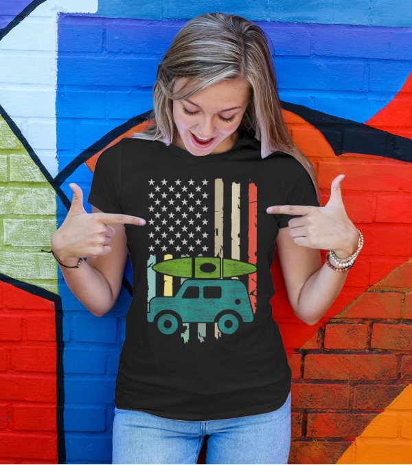 Kayaking Adventure Camper With Colorful American Flag Background T-Shirt