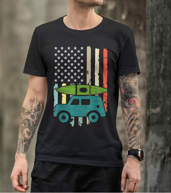 Kayaking Adventure Camper With Colorful American Flag Background T-Shirt