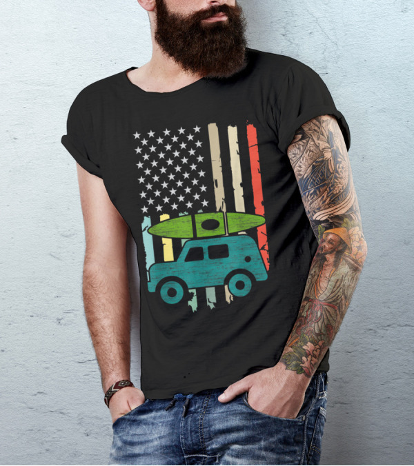 Kayaking Adventure Camper With Colorful American Flag Background T-Shirt
