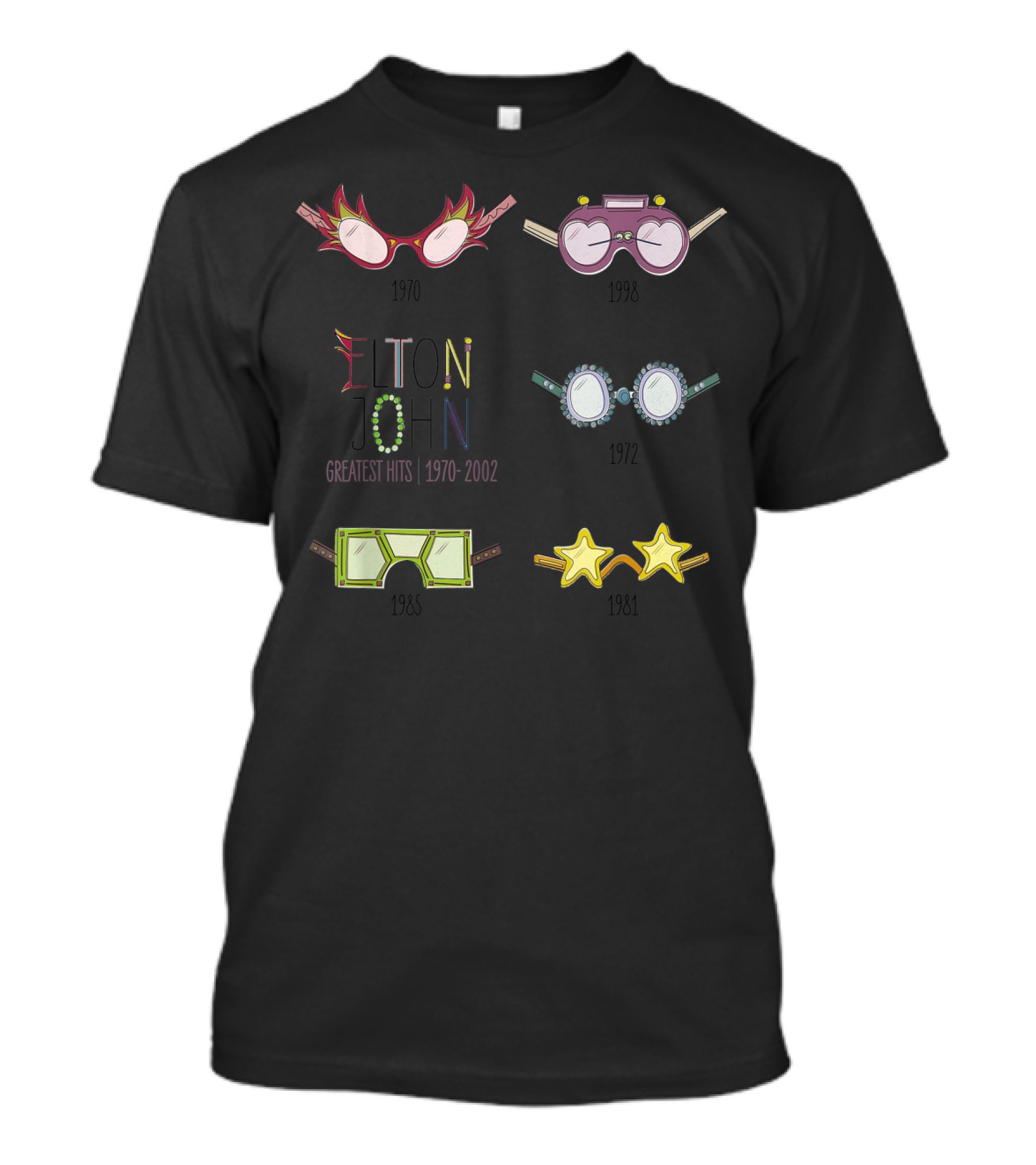Elton John Greatest Hits 1970-2002 Iconic Glasses Collection 1970 1972 1981 1983 1984 T-Shirt