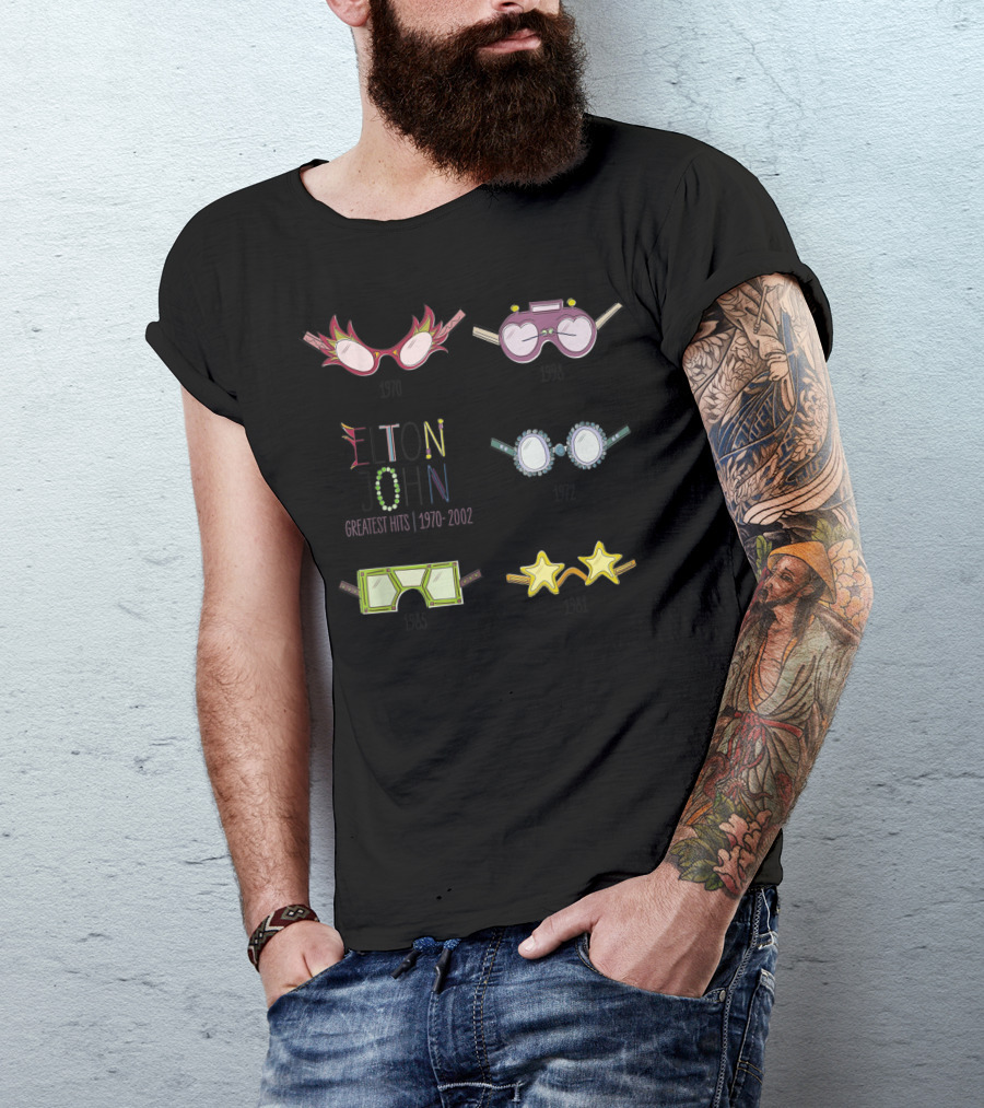 Elton John Greatest Hits 1970-2002 Iconic Glasses Collection 1970 1972 1981 1983 1984 T-Shirt