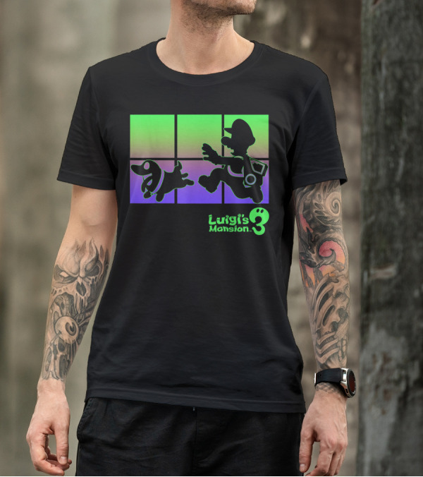 Luigi's Mansion 3 Luigi And Polterpup Silhouette Green And Purple Window T-Shirt