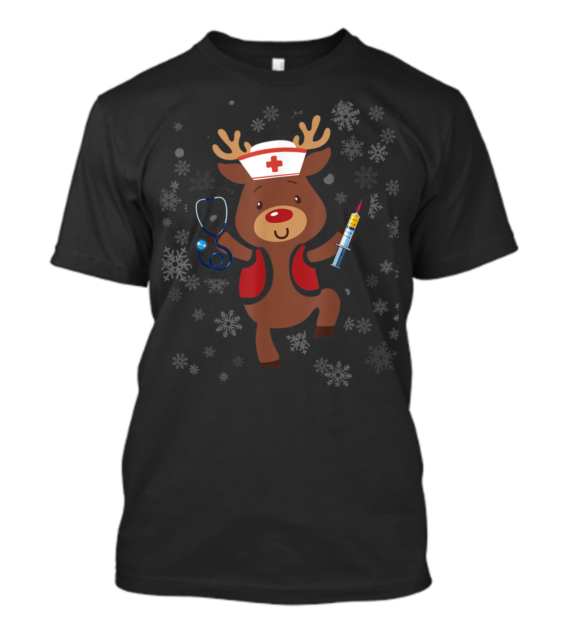 Nurse Reindeer With Stethoscope And Syringe Amidst Snowflakes T-Shirt