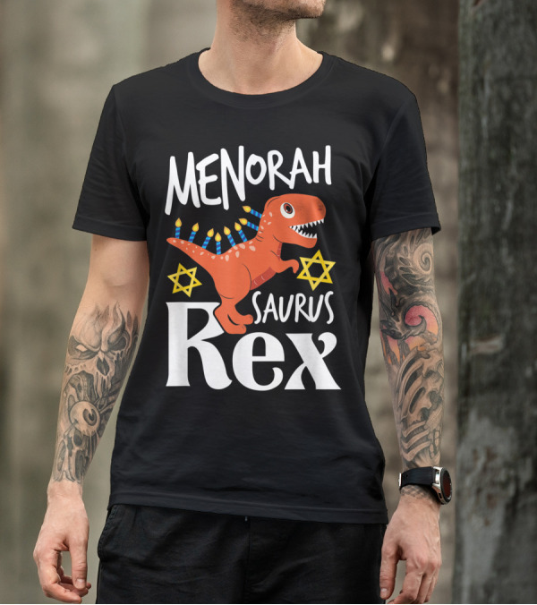Menorah Saurus Rex Cute Hanukkah Tyrannosaurus With Star Of David T-Shirt