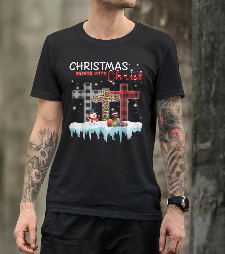Christmas Begins With Christ Dachshund Snowman Plaid Leopard Crosses T-Shirt