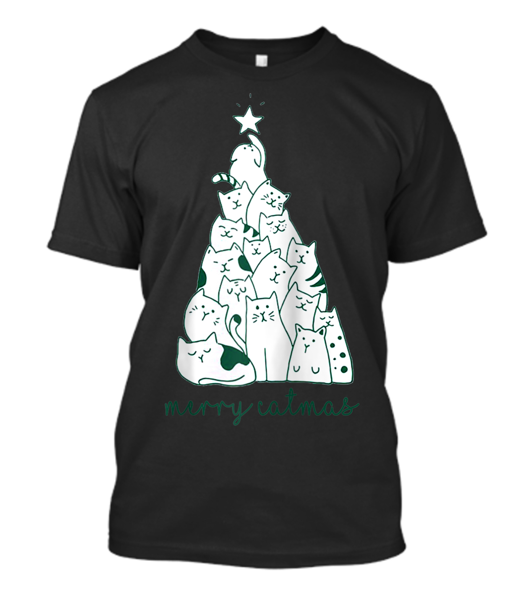Merry Catmas Cat Christmas Tree With Star-Crowned Cats T-Shirt