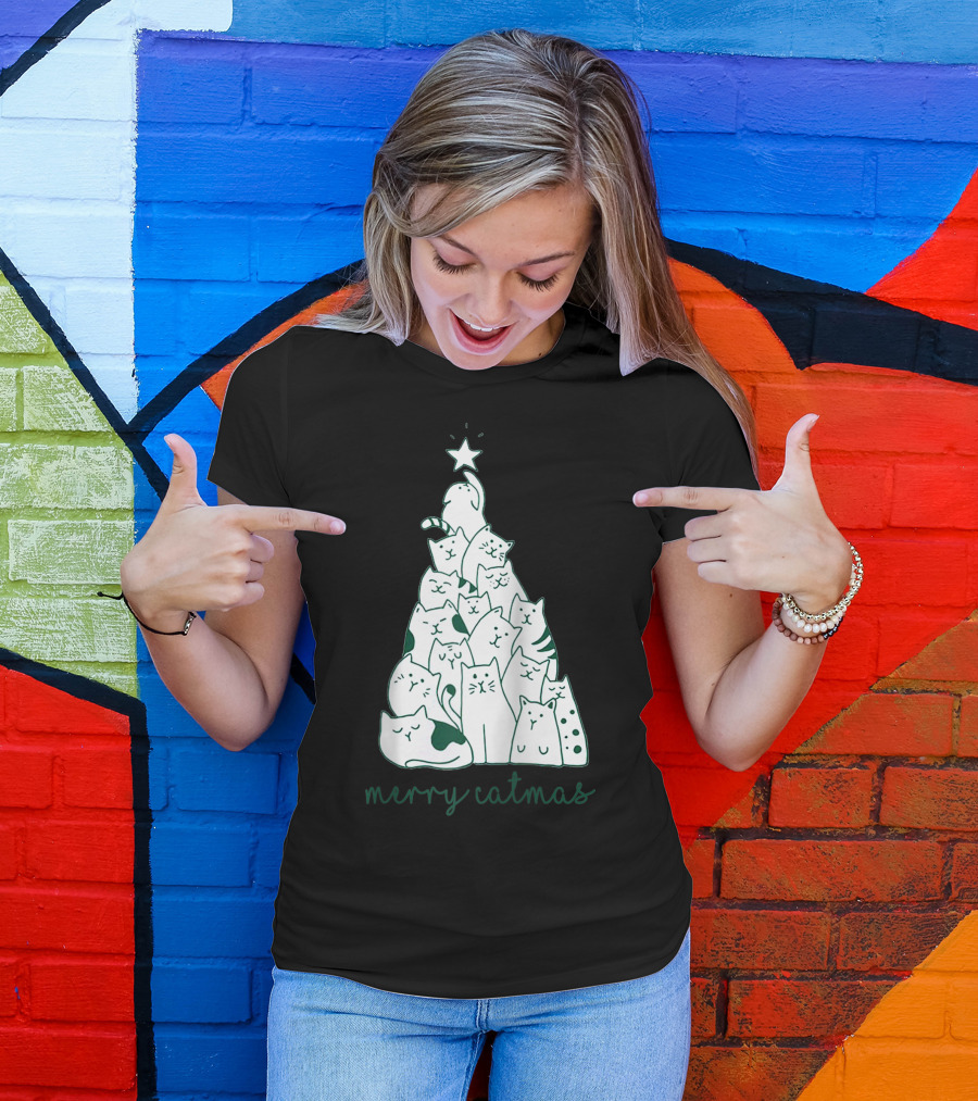 Merry Catmas Cat Christmas Tree With Star-Crowned Cats T-Shirt