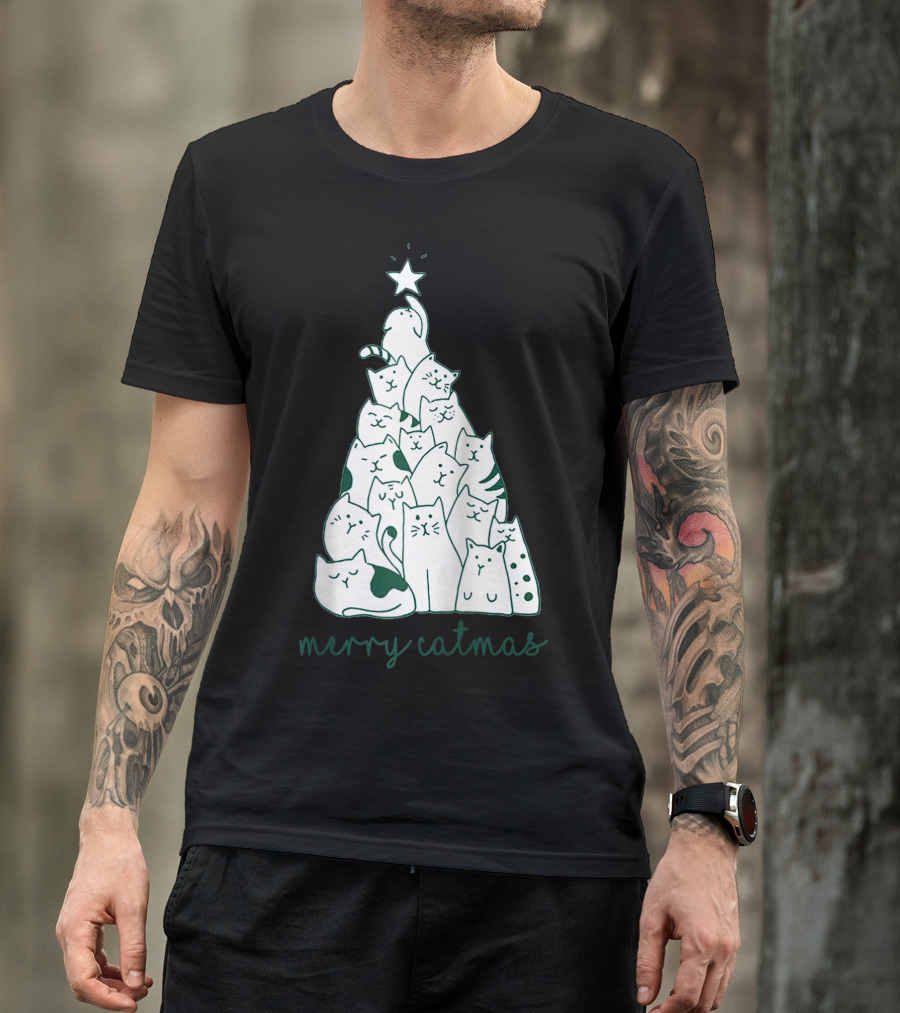 Merry Catmas Cat Christmas Tree With Star-Crowned Cats T-Shirt
