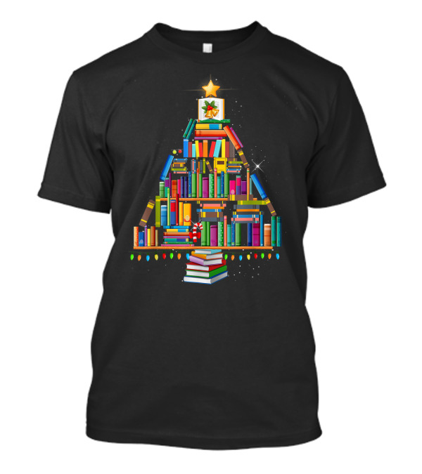 Merry Christmas Book Tree Library Stacked Lights T-Shirt