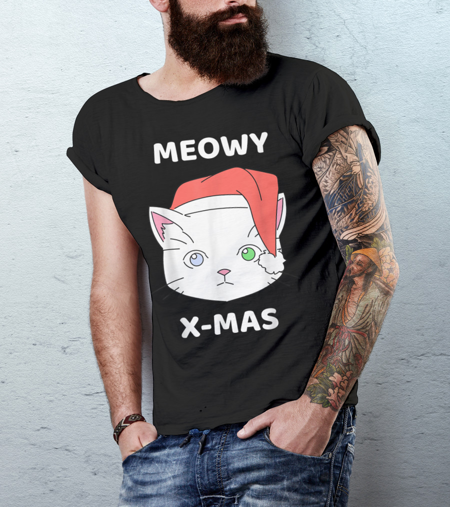 Meowy X-Mas Santa Hat Cute Cat Merry Christmas T-Shirt
