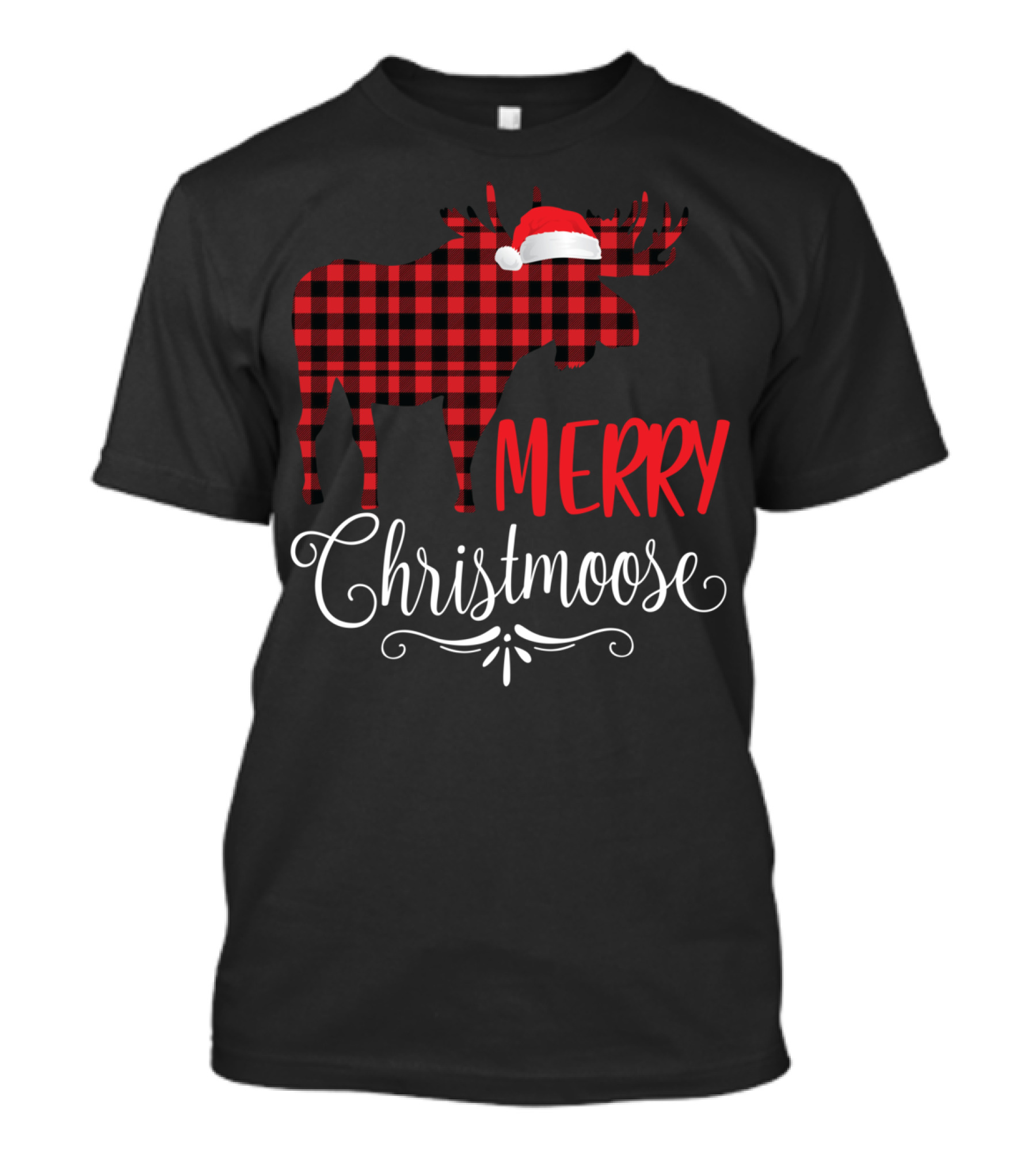 Merry Christmoose Buffalo Plaid Moose Santa Hat T-Shirt