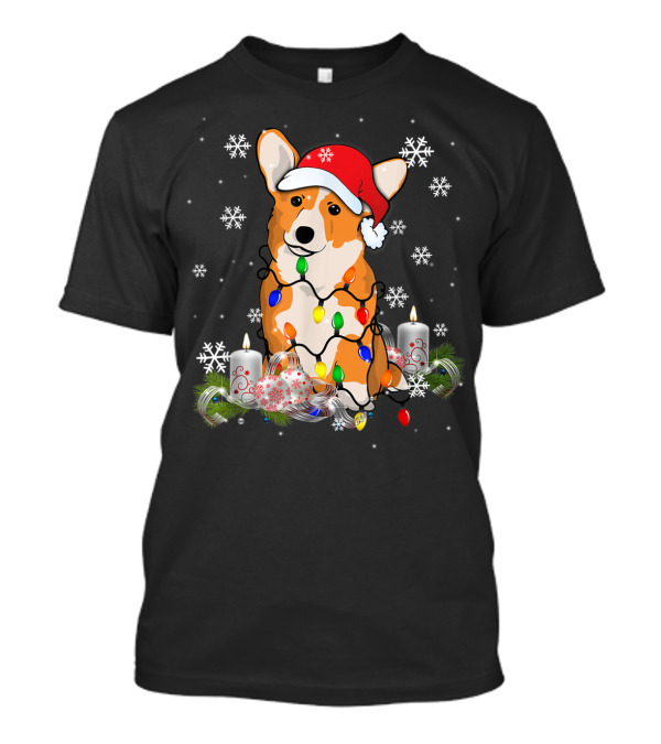 Merry Corgmas Xmas Festive Tree Santa Corgi Dog With Lights And Snowflakes T-Shirt