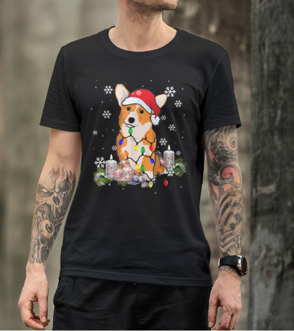 Merry Corgmas Xmas Festive Tree Santa Corgi Dog With Lights And Snowflakes T-Shirt