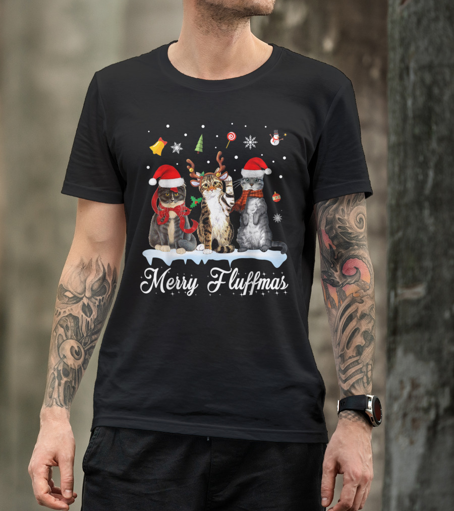 Merry Fluffmas Cats Christmas Cat Lovers Santa Hats Snowflakes Reindeer Antlers T-Shirt