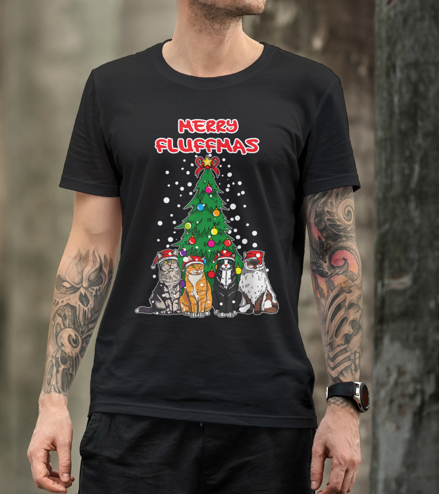 Merry Fluffmas Cats Christmas Tree With Santa Hats T-Shirt