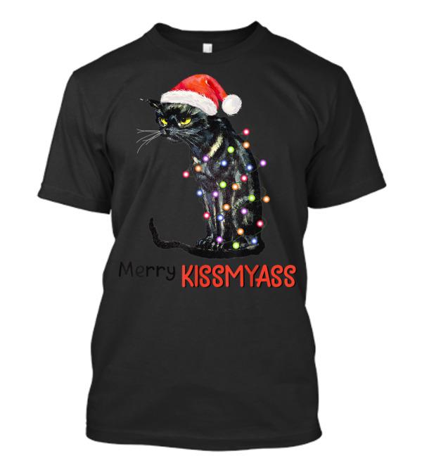 Merry Kissmyass Black Cat With Santa Hat And Christmas Lights T-Shirt