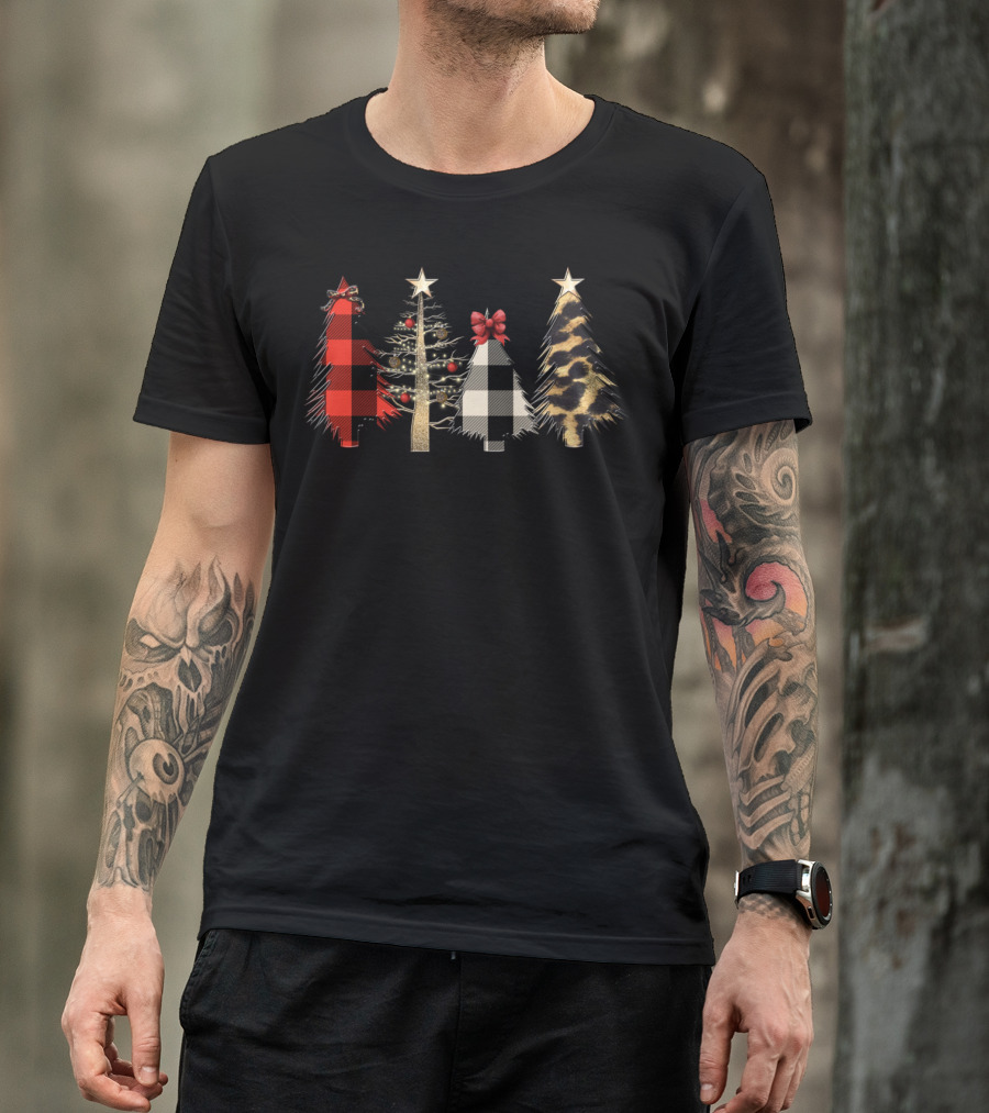 Merry Christmas Plaid And Leopard Buffalo Farmhouse Trees T-Shirt