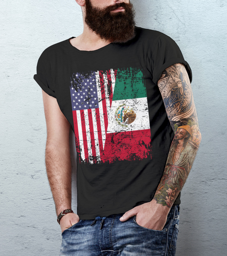 Mexican Roots American Flag Half Mexico Flag Heritage T-Shirt