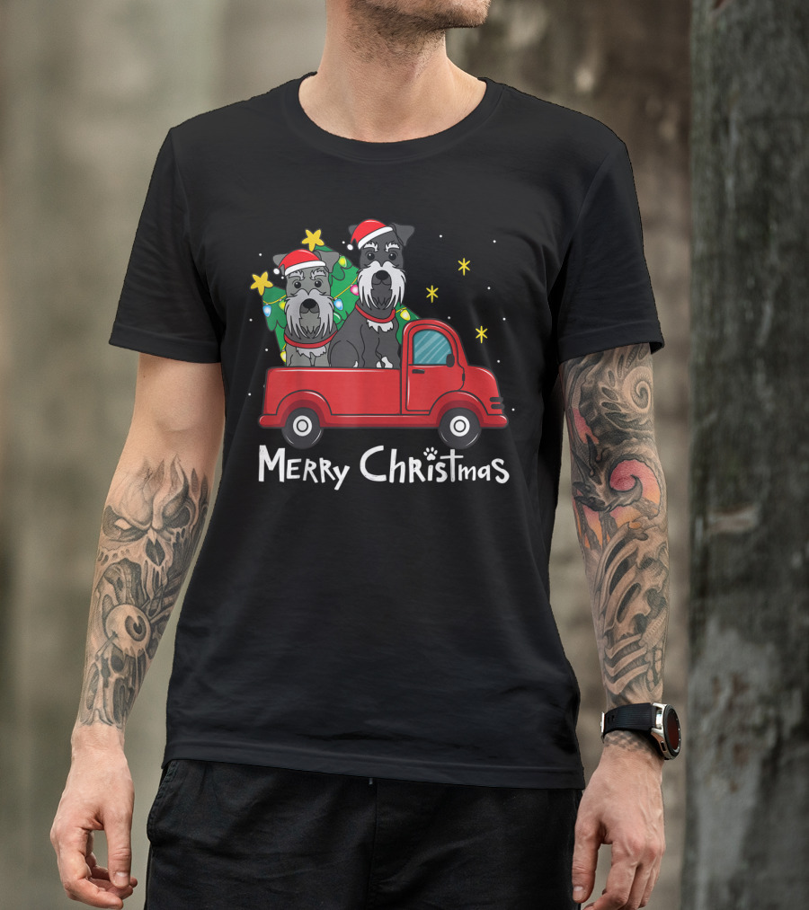 Merry Christmas Miniature Schnauzer Holiday Truck With Tree T-Shirt