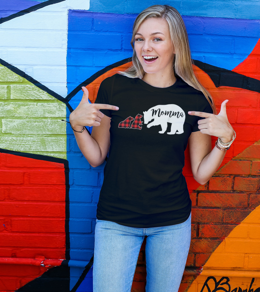 Momma Bear Momma Two Cubs Red Plaid T-Shirt