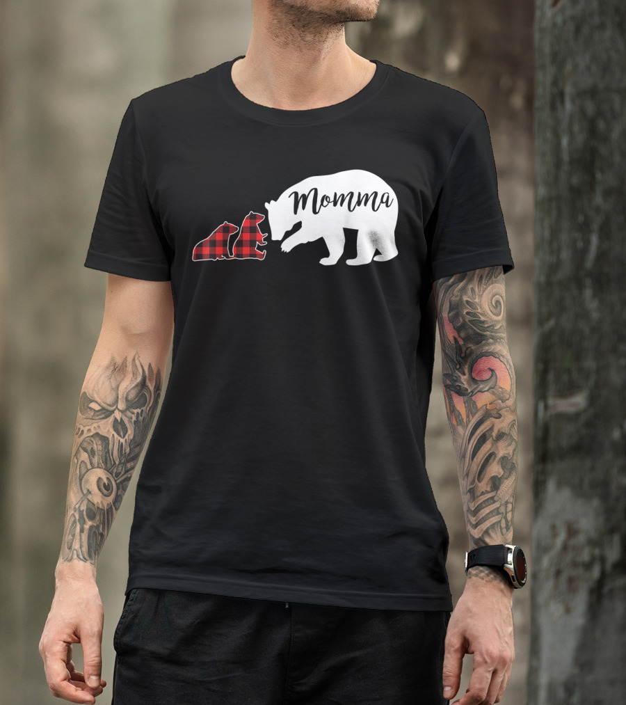 Momma Bear Momma Two Cubs Red Plaid T-Shirt