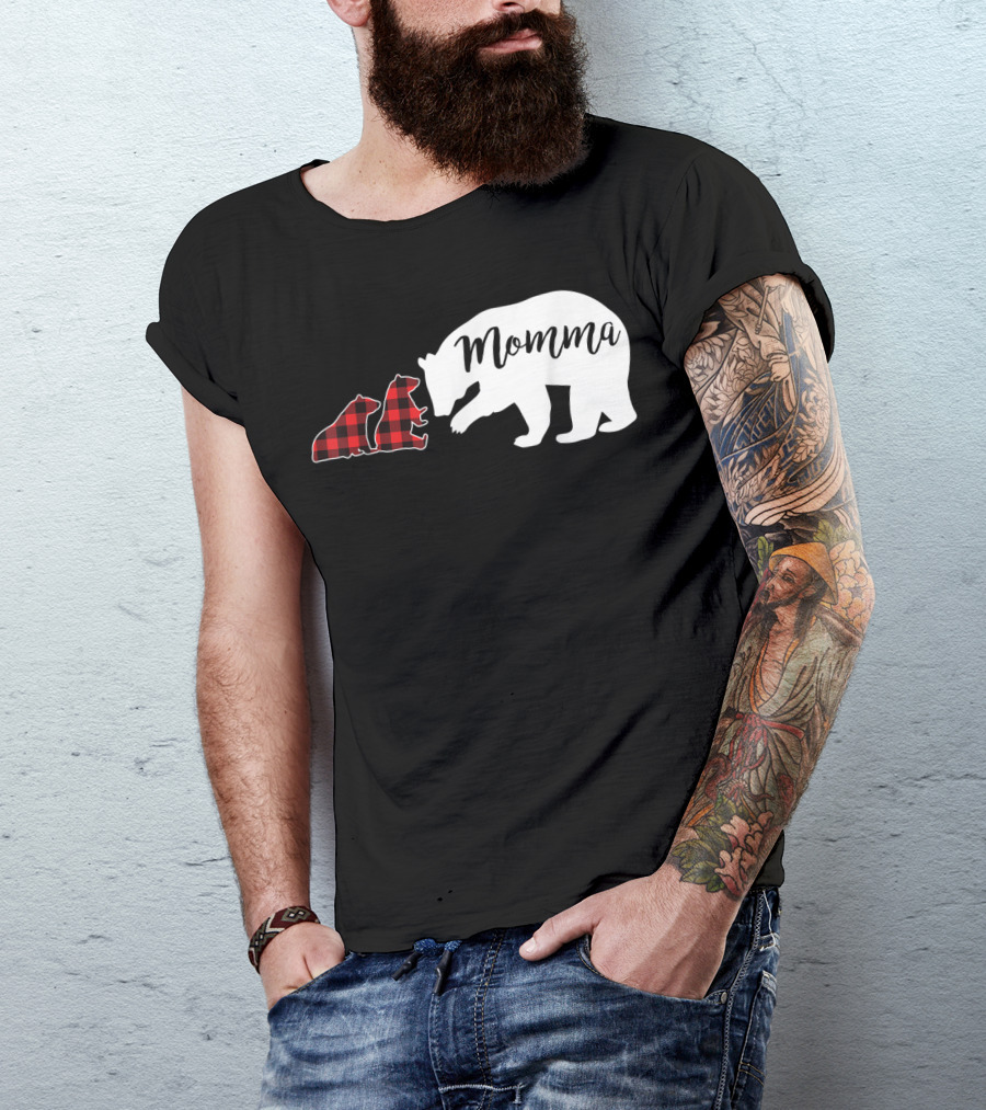 Momma Bear Momma Two Cubs Red Plaid T-Shirt