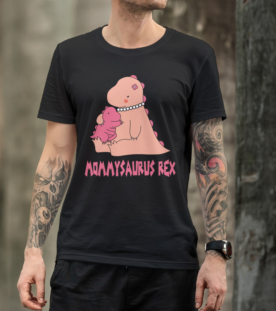 Mommysaurus Rex Cute Pink Dinosaur Hugging Baby With Flower And Necklace T-Shirt