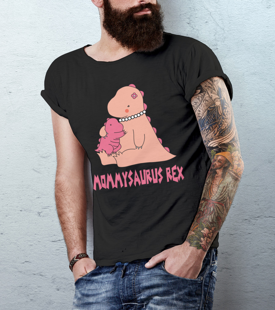 Mommysaurus Rex Cute Pink Dinosaur Hugging Baby With Flower And Necklace T-Shirt