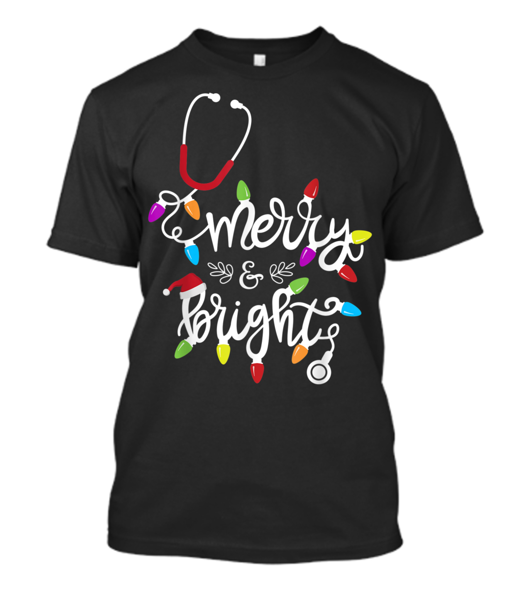 Nurse Stethoscope Merry And Bright Christmas Lights T-Shirt