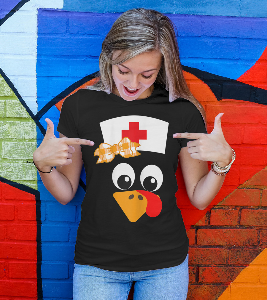 Nurse Turkey Thanksgiving Scrubs Tops With Nurse Hat And Orange Bow Tie T-Shirt