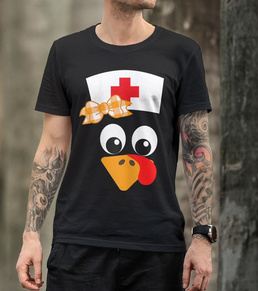 Nurse Turkey Thanksgiving Scrubs Tops With Nurse Hat And Orange Bow Tie T-Shirt