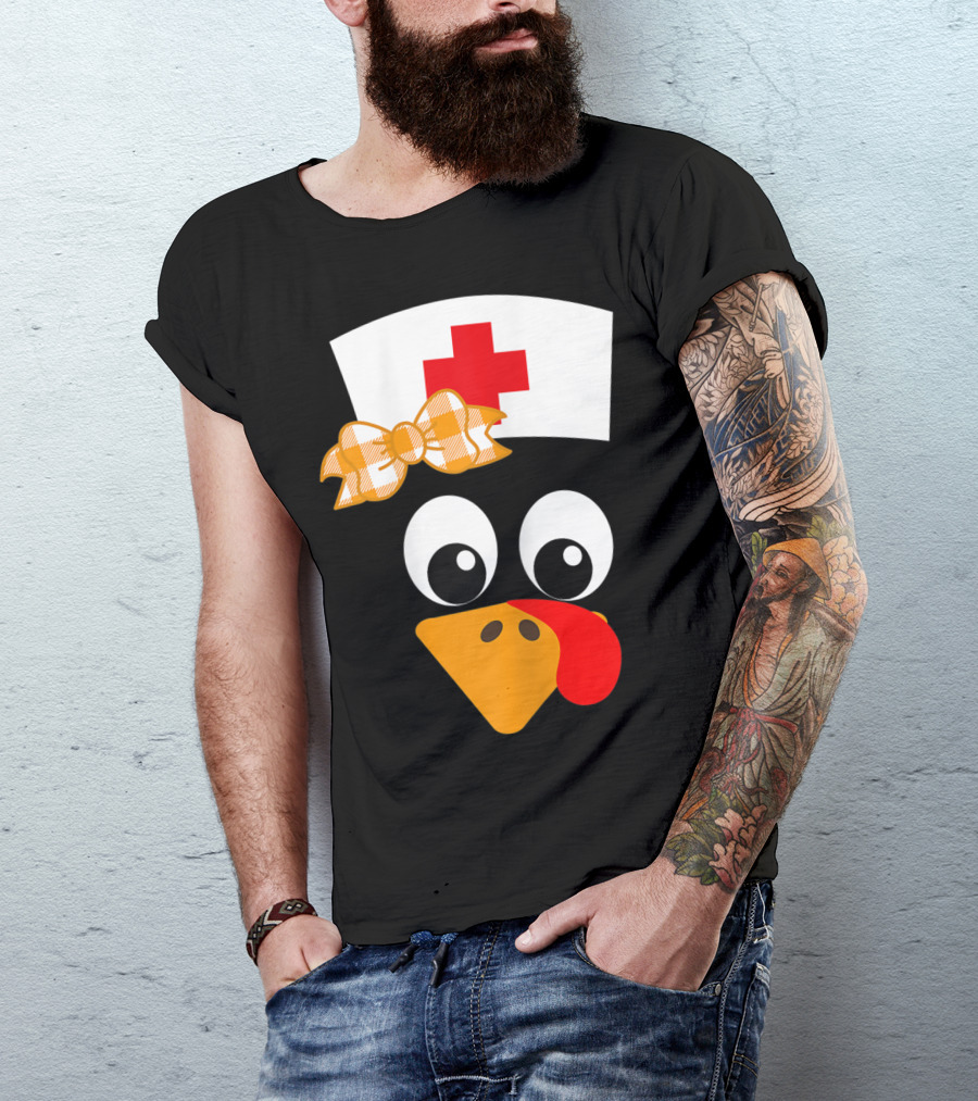 Nurse Turkey Thanksgiving Scrubs Tops With Nurse Hat And Orange Bow Tie T-Shirt