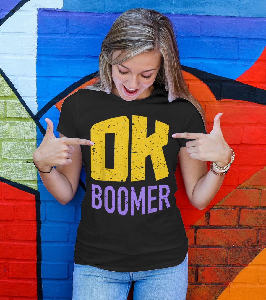 Ok Boomer Huge Text Millennial Generation Bold Yellow Purple Distressed Letters T-Shirt