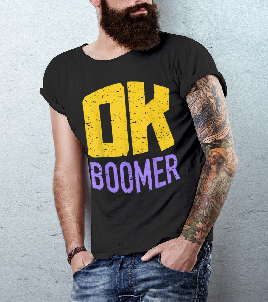 Ok Boomer Huge Text Millennial Generation Bold Yellow Purple Distressed Letters T-Shirt